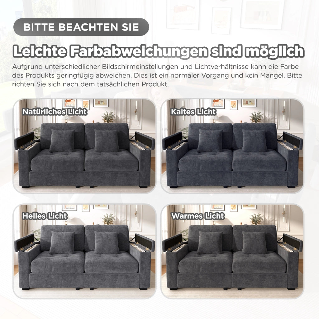Divano a 2 posti con contenitore nei braccioli e tasche laterali, cuscini inclusi, in chenille grigio scuro