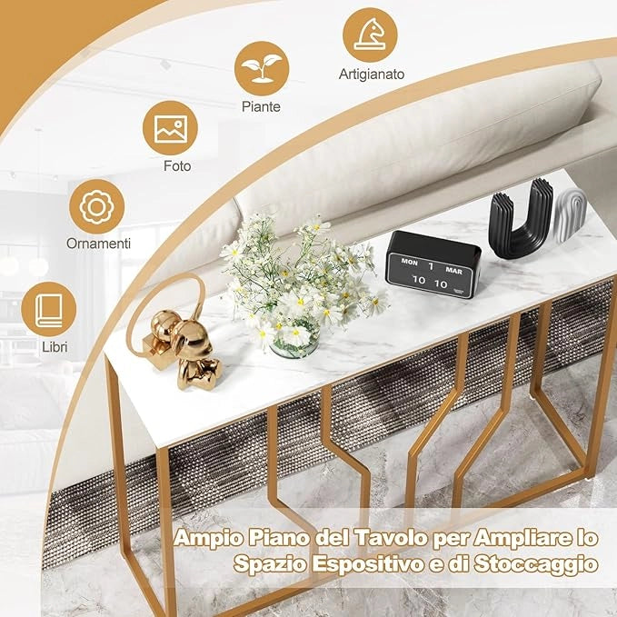Tavolo Consolle 110cm, Tavolo da Ingresso con Piano Effetto Marmo, Struttura in Metallo, per Soggiorno, Corridoio, Ingresso