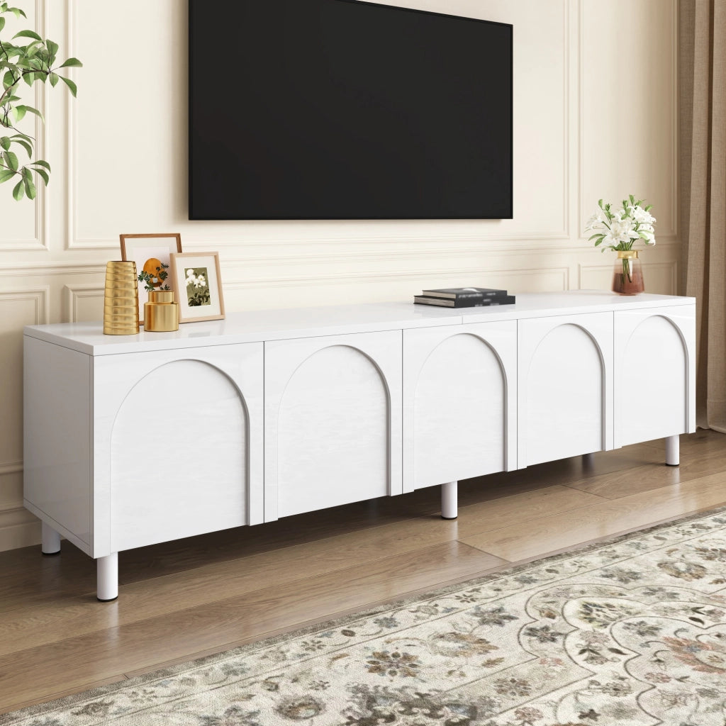Mobile TV, mobile basso a 5 ante, gambe in metallo, in truciolato, bianco