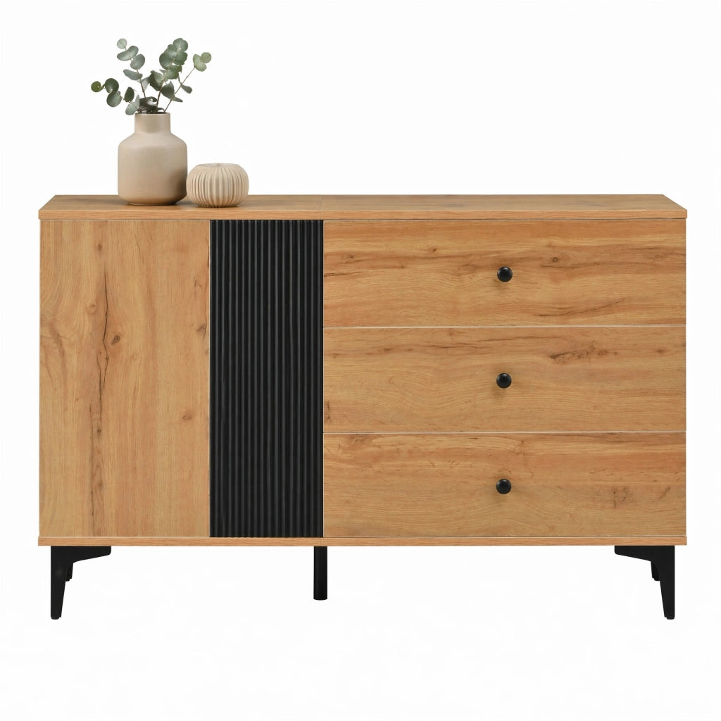 Sideboard 120x35x76 cm con 1 anta e 3 cassetti; in truciolare; nero e naturale