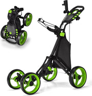 Carrello da Golf a Spinta e a Trazione, Carrello Golf Pieghevole Leggero a 4 Ruote con Borsa Impermeabile, Freno a Pedale, Porta Tazza e Porta Ombrello Regolabile(Verde)