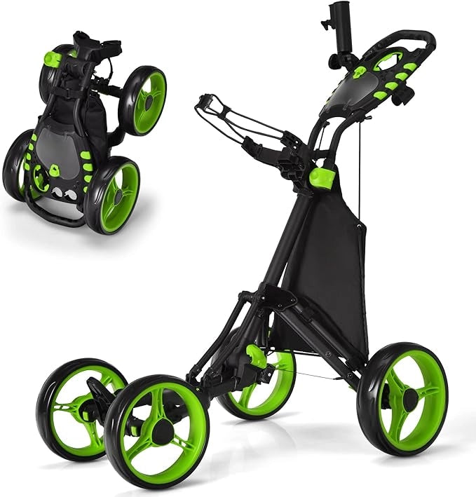 Carrello da Golf a Spinta e a Trazione, Carrello Golf Pieghevole Leggero a 4 Ruote con Borsa Impermeabile, Freno a Pedale, Porta Tazza e Porta Ombrello Regolabile(Verde)