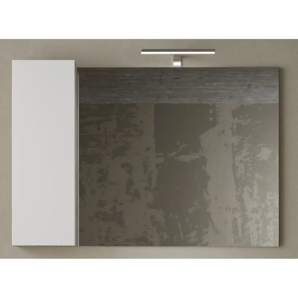 Specchio design con vano portaoggetti, 110x75 cm, collezione BURA, colori bianco lucido e cemento.