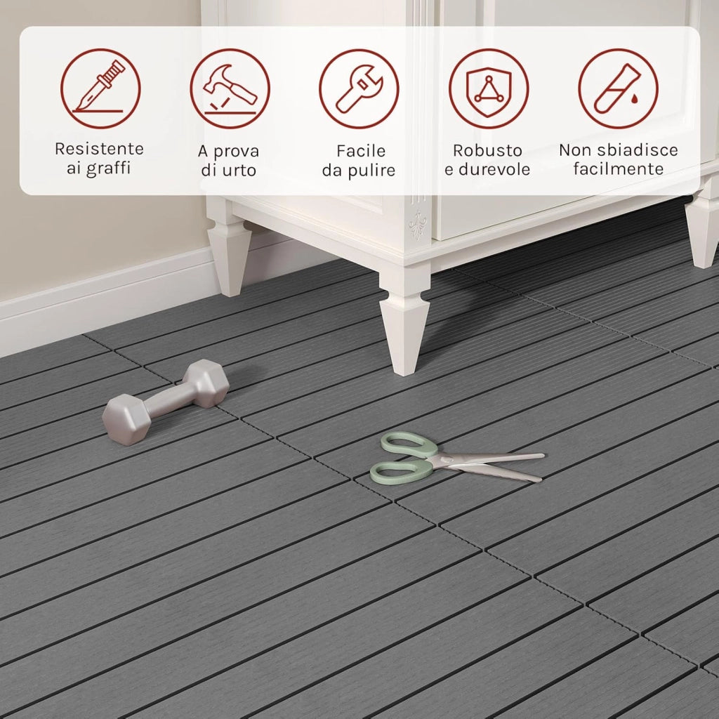 Piastrelle per Pavimenti da Esterno Mattonelle Pavimentazione ad Incastro Click-Deck in Legno Composito, con 12 Pannelli da 30x60 cm Grigio Chiaro