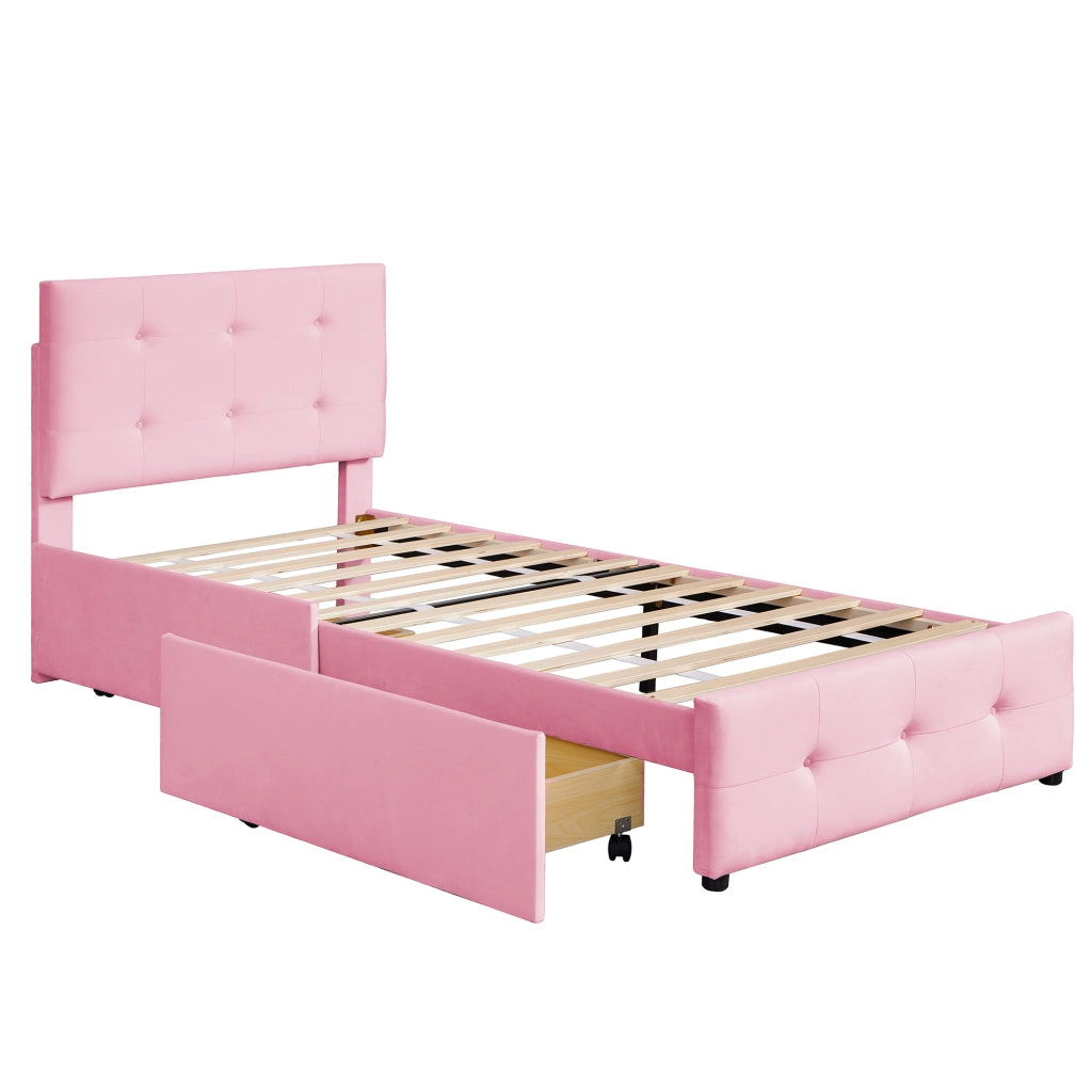 Letto con Cassetti 90 x 200 cm - Testiera Imbottita e Rete a Doghe - Rosa