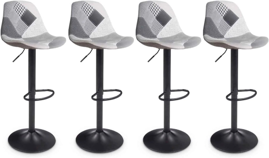 Lote de 4 taburetes de bar KARL patchwork negro, gris y blanco con patas negras