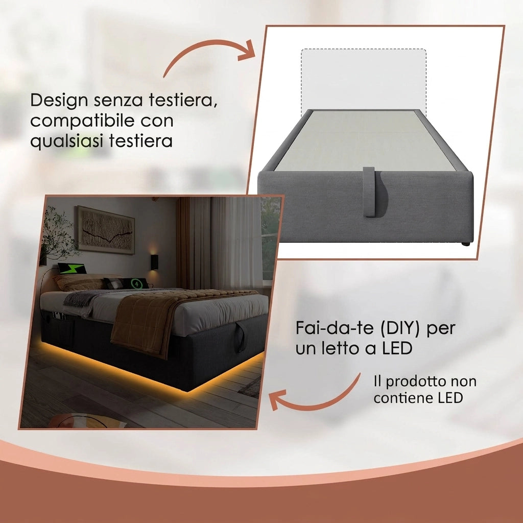 Letto Singolo 90x200; Letto Contenitore Senza Testiera con Porte USB; Cotone e Legno; Grigio