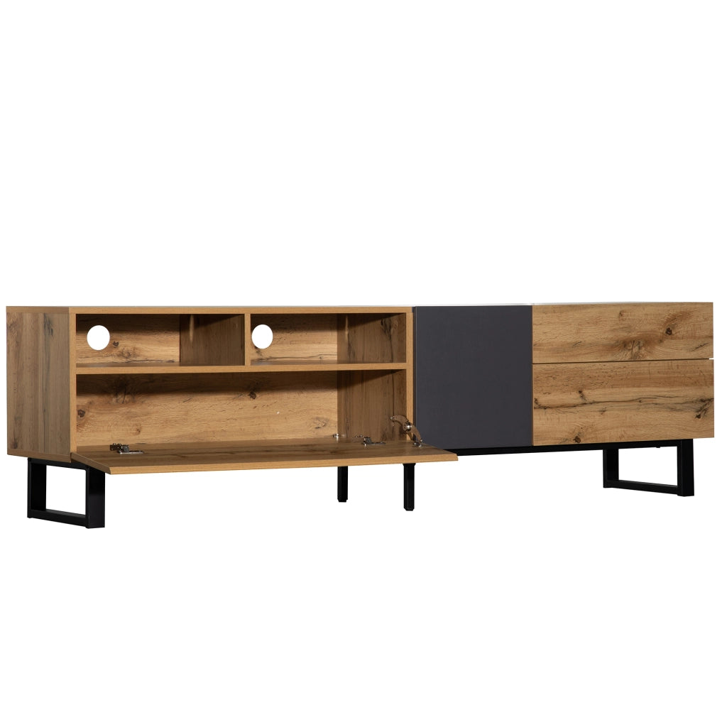 Mobile TV 180 cm con 1 anta, 2 cassetti e 2 vani contenitore, stile moderno, per soggiorno, in MDF, nero