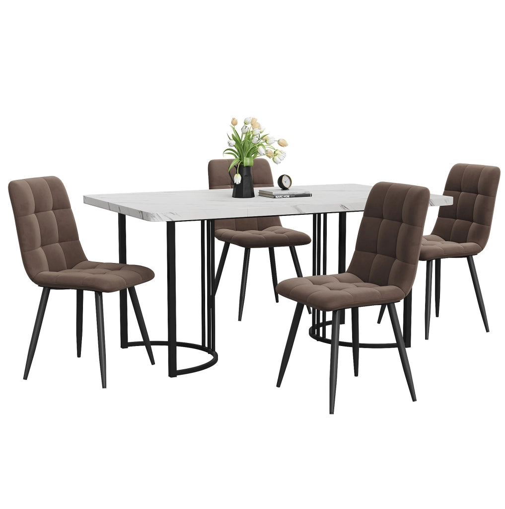 Set da pranzo 5 pezzi 140x80 cm con piano in MDF effetto marmo; gambe in metallo; bianco