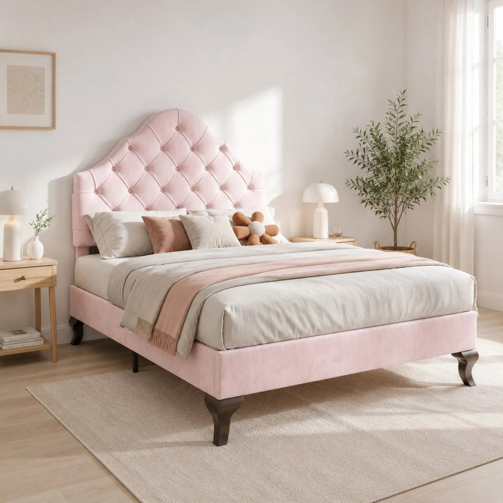 Letto imbottito 90x200 cm in velluto rosa con testiera regolabile e rete a doghe