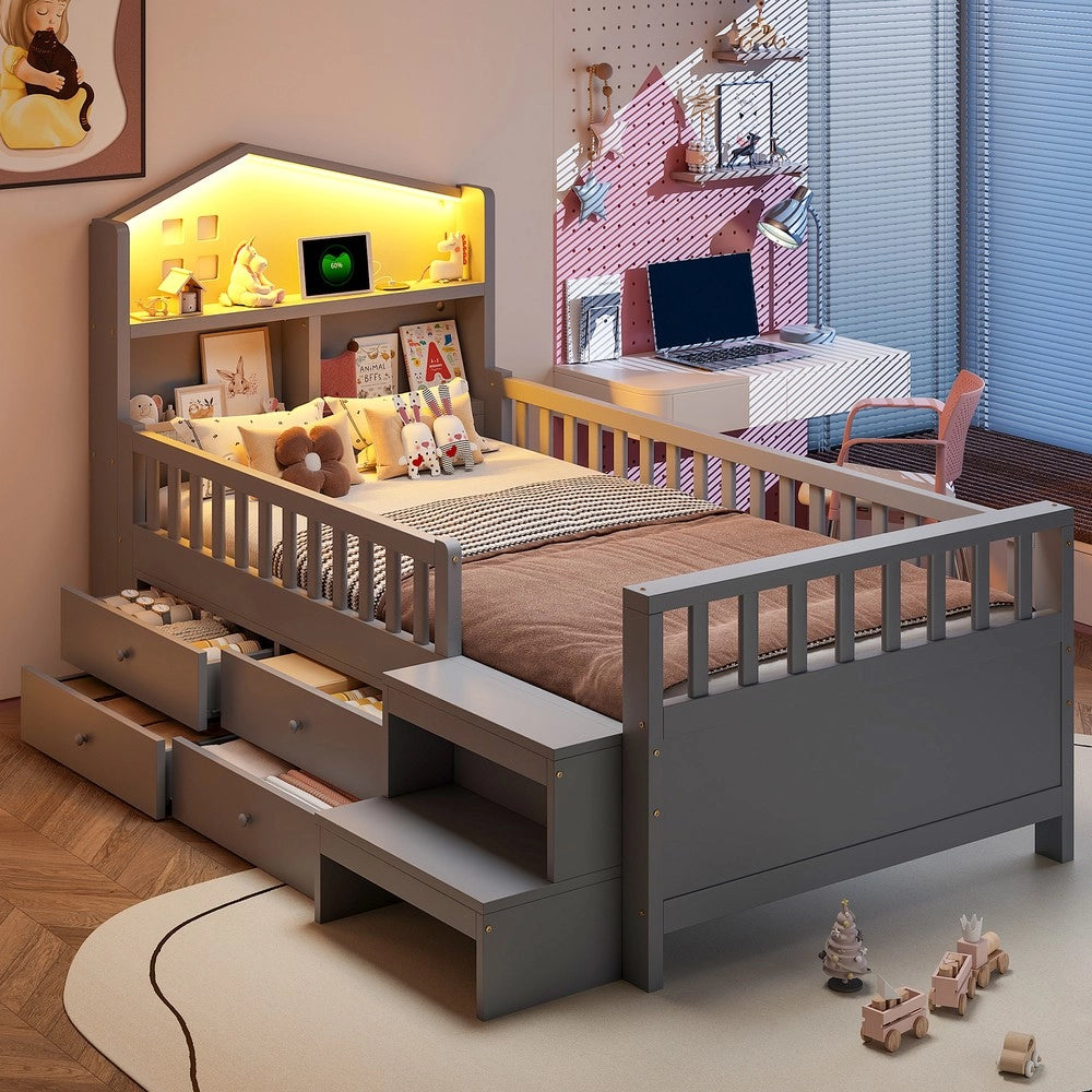 Letto Singolo con LED, USB, Cassetti e Rete a Doghe ¨C MINIMAL ¨C Massello Grigio 90x200