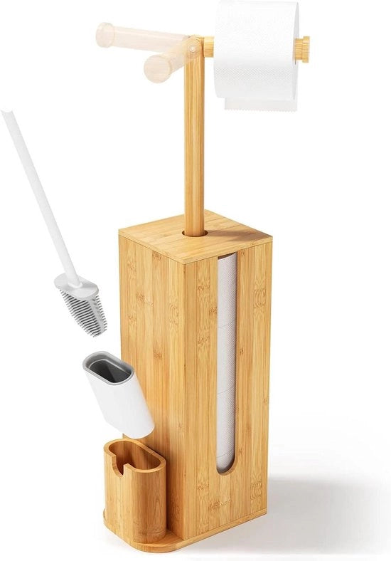 Supporto per wc in piedi con spazzolino per il water - Kit di accessori wc 3 in 1 in bambù - Supporto per carta igienica e contenitore di stoccaggio - Dimensioni: 716 x 155 x 215 cm