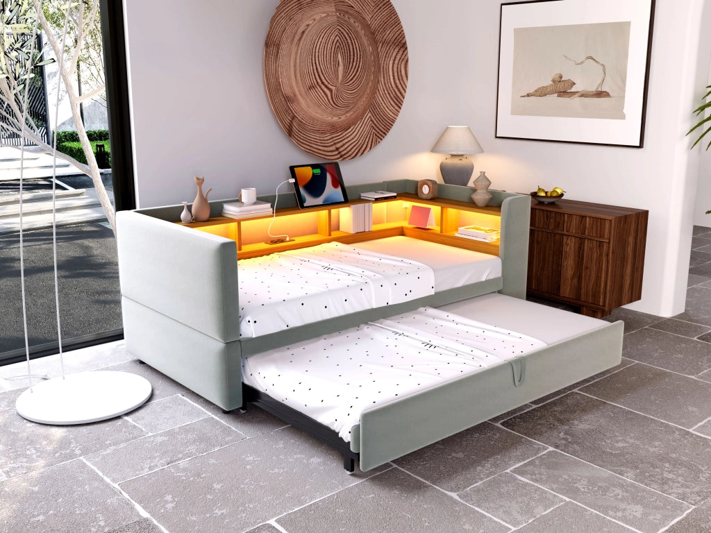 DESMIU Divano Letto 90/180 × 190 cm 2 posti con LED, prese e vani portaoggetti, senza materasso, grigio chiaro