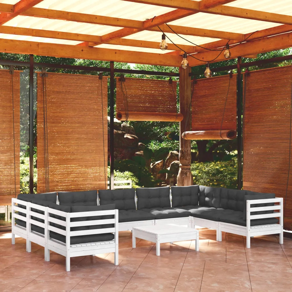 Set Divani da Giardino 10 pz con Cuscini Bianchi Legno di Pino 3097326