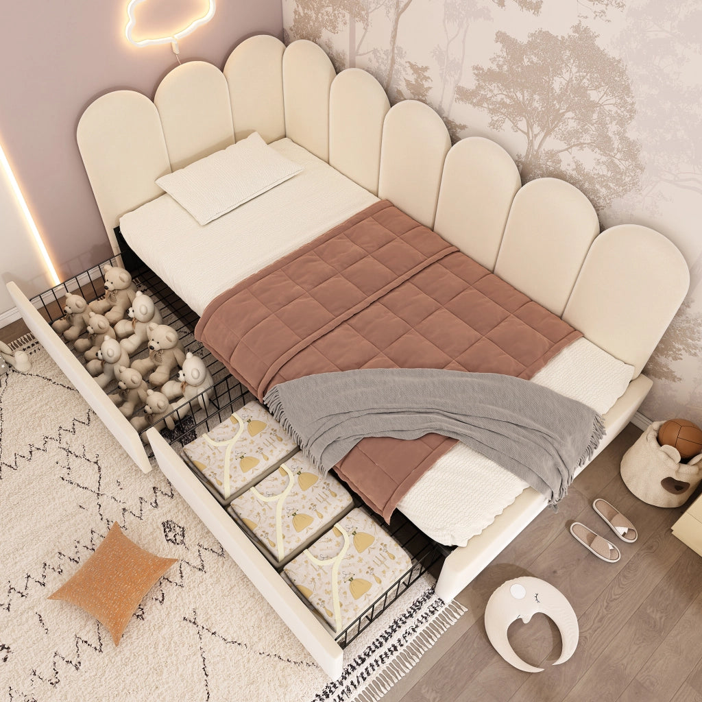 Letto imbottito con 2 cassetti 90x200 cm in velluto beige