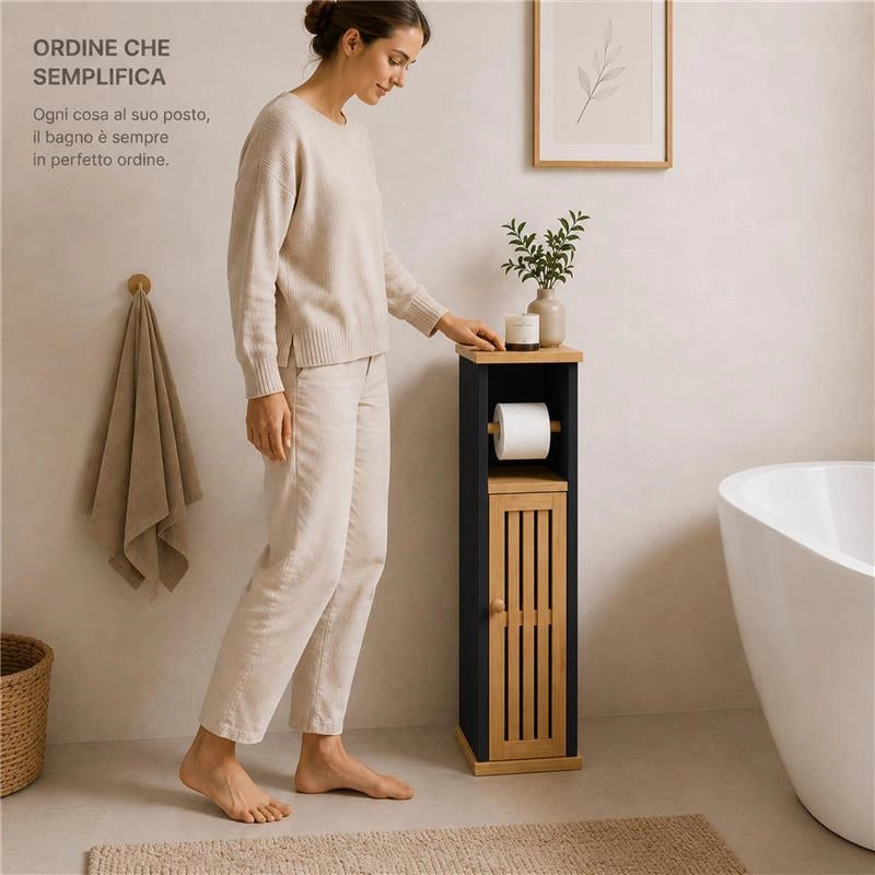 MOBILE PORTA CARTAIGENICA IN MDF NERO CON ANTA IN BAMBOO MISURE: 18X18X75 CM
