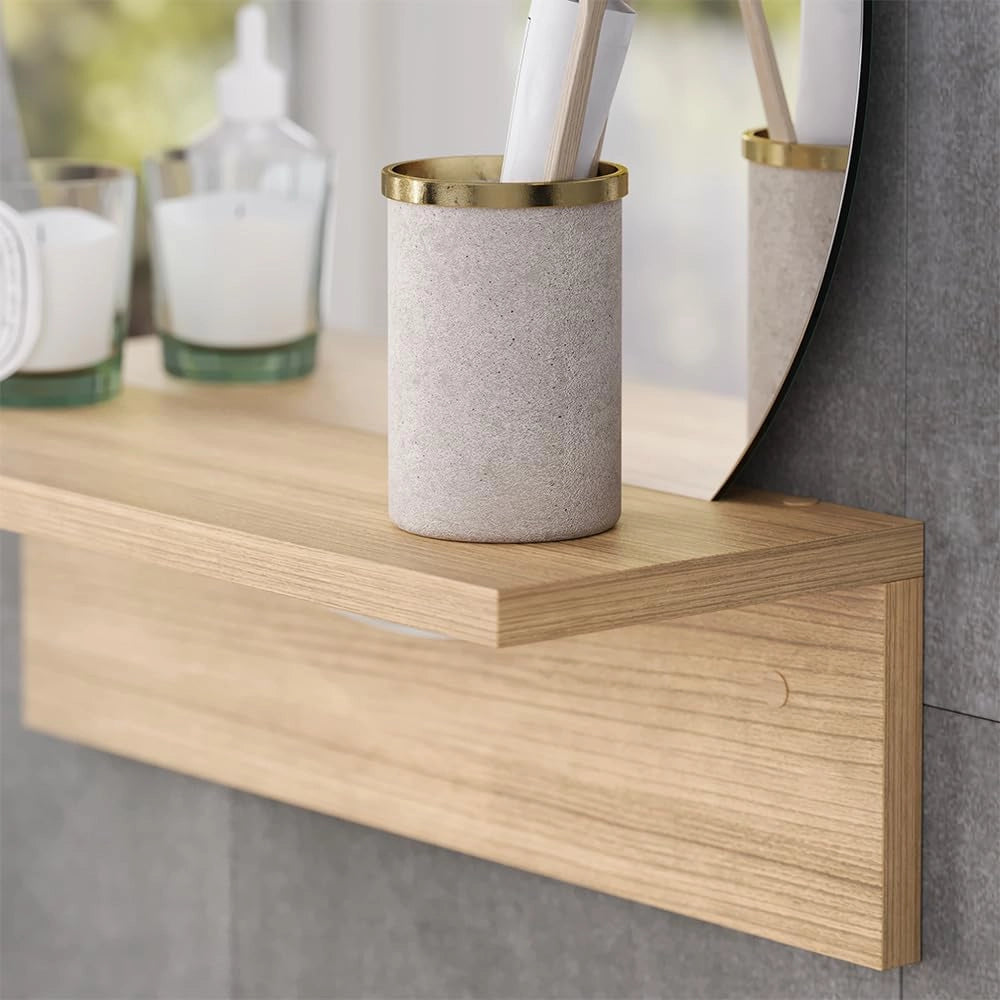 Specchio bagno Elyra, Quercia dorata, 40 x 47.5 cm con ripiano, adatto per il montaggio a parete in bagno e in ambienti abitativi