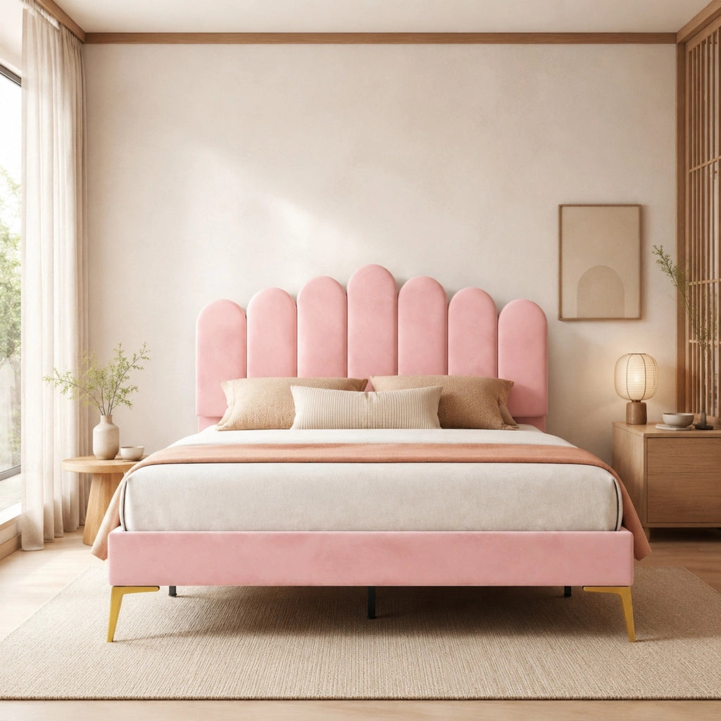 Letto matrimoniale imbottito 140x200 cm in velluto rosa con testiera regolabile