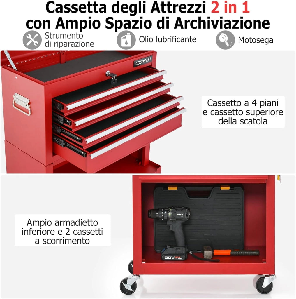 Cassettiera Portautensili a 6 Cassetti, Carrello per Attrezzi con Ruote Bloccabili, con Ripiano rimovibile e Serratura, 61,5 x 33 x 132 cm (rosso)