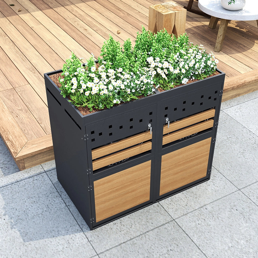 Cabina per 2 bidoni con tetto verde - Xylo - 120-240 litri, colore antracite, porta in stile legno, estensibile