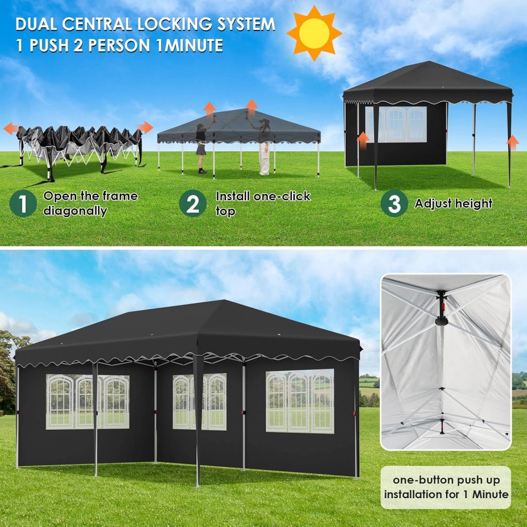 Gazebo 3x6, Gazebo Pieghevole 3x6 Stabile Impermeabile, Padiglione Pop up,Tente de Reception, Tonnelle de Jardin con 4 Pannelli Laterali, per Festival/Campeggio/Mercato, Nero