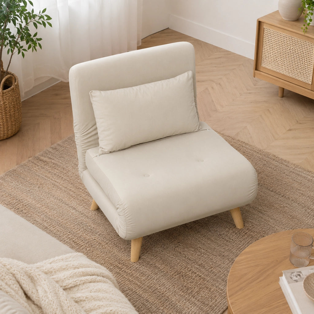 Poltrona letto 2 in 1 con schienale regolabile 6 posizioni in velluto beige