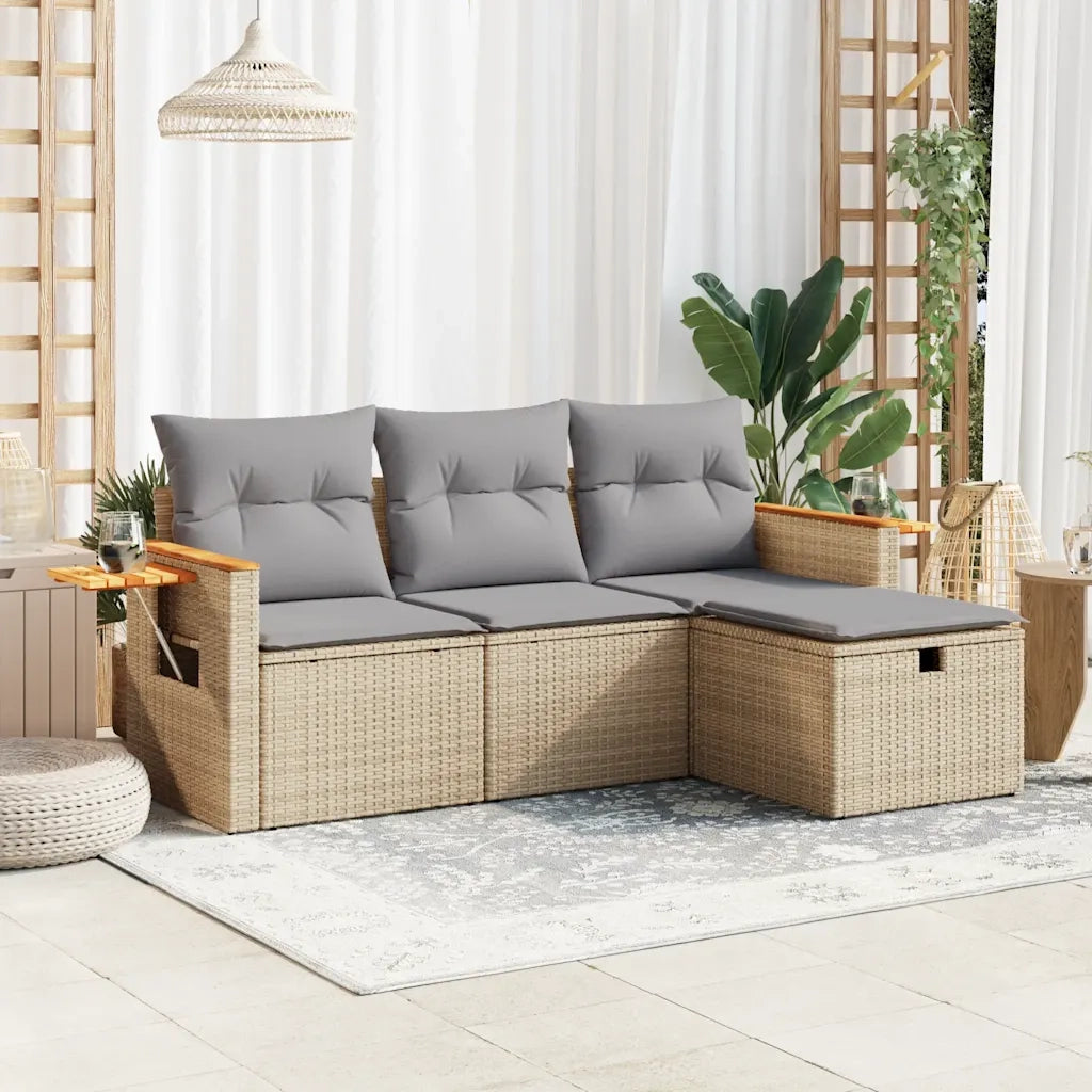 Set Divano da Giardino 4 pz | Set Salotto da Giardino con Cuscini Beige in Polyrattan