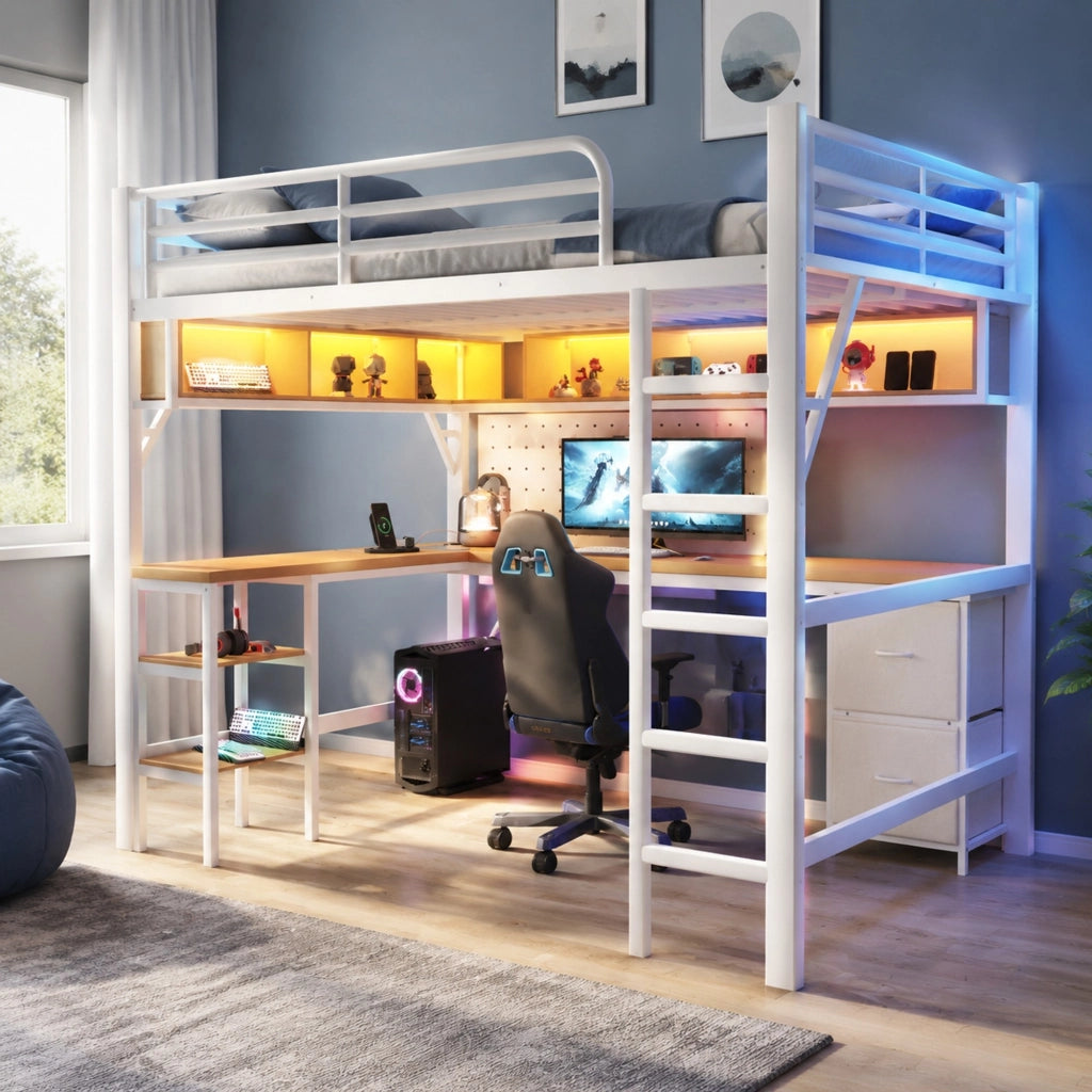 Letto a soppalco 140x200 cm con scrivania, LED e USB, bianco