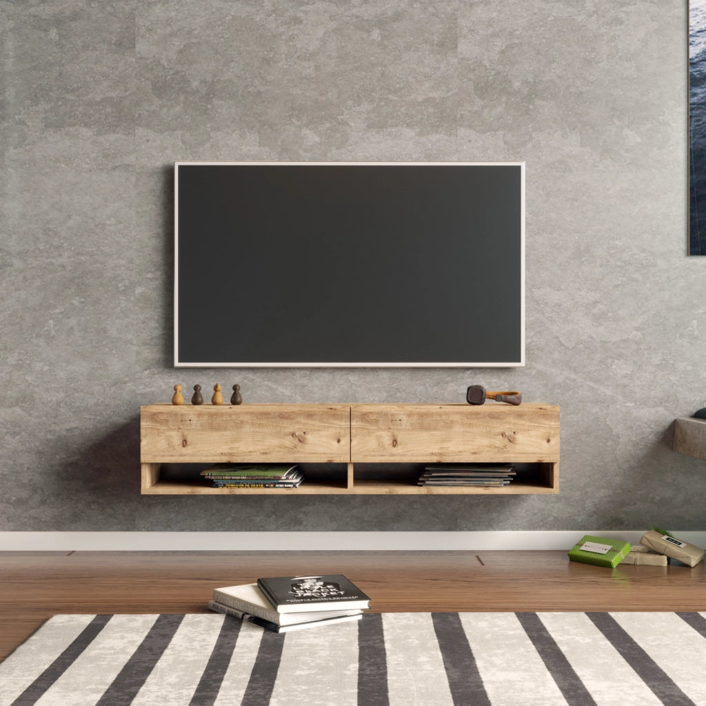 Consolle da Parete 'Laitila' con 2 Ante e Scomparti Mobile Pensile Porta TV 140 cm - Rovere Rustico [en.casa]