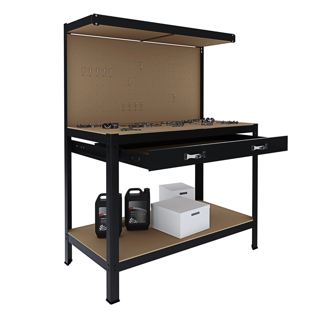 Banco Tavolo Da Lavoro A 3 Livelli Con Cassetto E Parete Pannello Forato Porta Attrezzi Utensili Portata Fino A 370 Kg Ideale Per Garage Officina Cantina Capannone Magazzino 120 X 60 Cm Nero