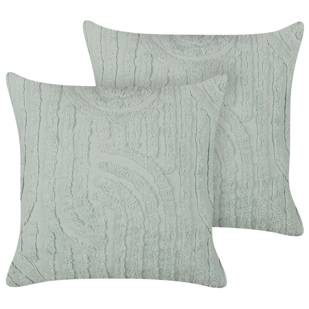 Set di 2 cuscini decorativi verde menta in cotone e poliestere 45 x 45 cm con motivo astratto quadrato, moderno accessorio per la casa.