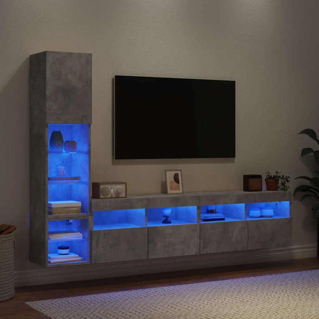 vidaXL Mobili TV a Muro con LED 4pz Grigio Cemento Legno Multistrato