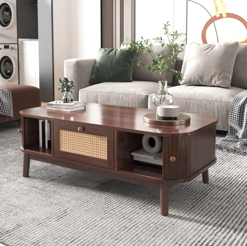 Tavolino da caffè in rattan con ante scorrevoli, 110 cm