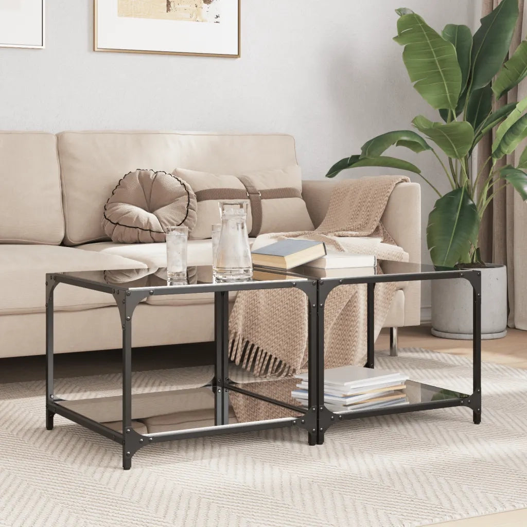 2 pz Tavolini da salotto | Tavolino da caff¨¨ | Tavolino da Soggiorno con Piano Vetro Nero 50x50x40cm Acciaio