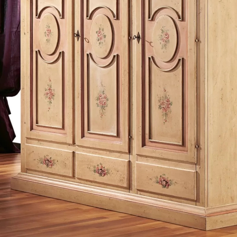 Armadio 3 porte arte povera in legno shabby avorio anticato filo rosa 184x60x217 (1434) - Mobili 2G