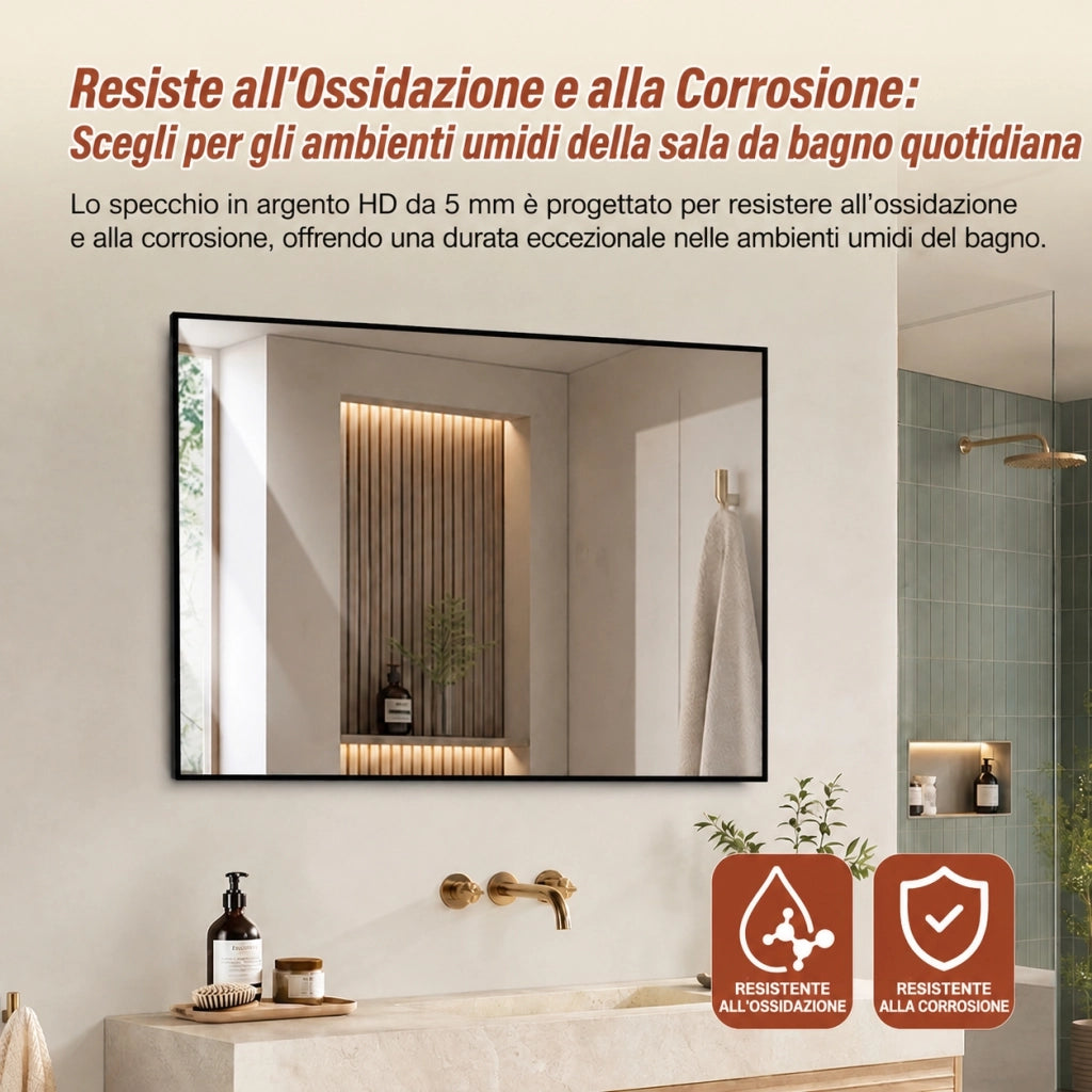 Specchio bagno 50x70 cm con cornice in alluminio nero; specchio senza rame hd