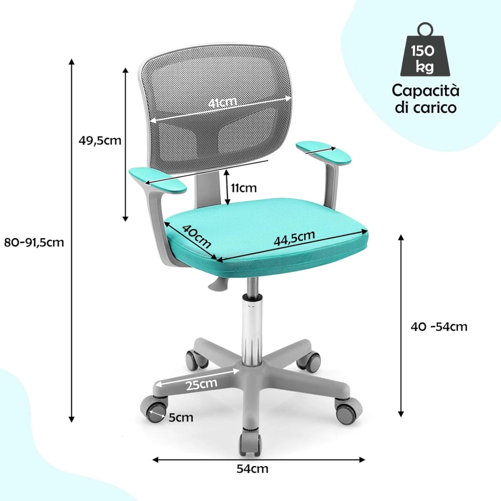 Sedia per Scrivania per Bambini, Sedia per Computer per Bambini con Altezza Regolabile, Ruote con Freni, Sedile Girevole a Rete, Sedia Ergonomica per Bambini 3-10 Anni (Menta verde)
