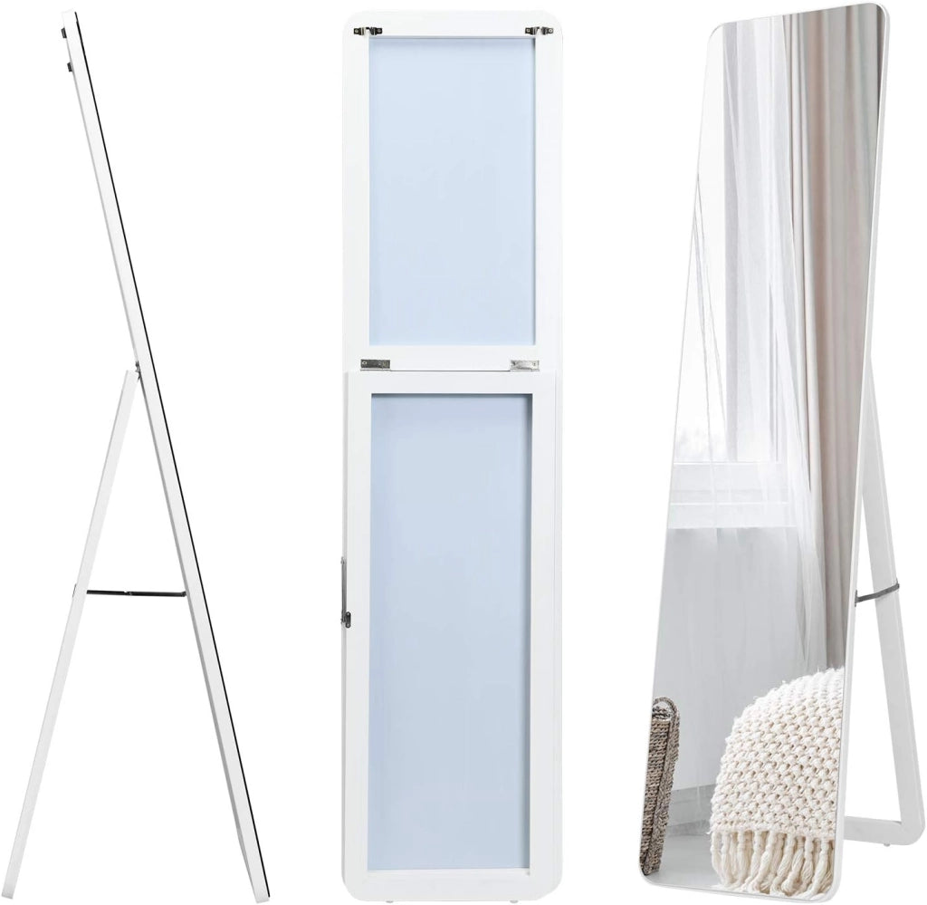 2 in 1 Specchio da Parete/da Terra con Telaio in Legno Massiccio, Ideale per Corridoio, Spogliatoio, 160 x 37 cm, Bianco