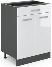 mobiletto base per cucina R-line, Bianco lucido/Antracite, 60 cm con cassetto, senza piano di lavoro