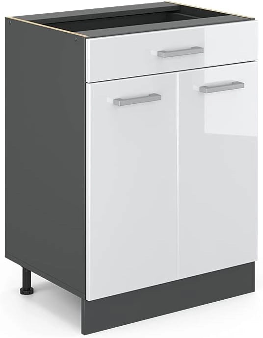 mobiletto base per cucina R-line, Bianco lucido/Antracite, 60 cm con cassetto, senza piano di lavoro