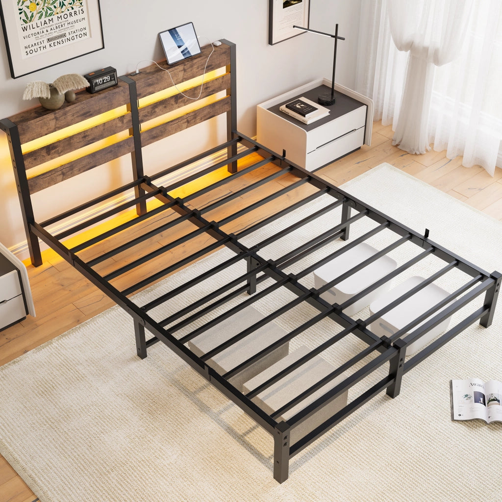 Letto per adulti 140 × 190 cm con LED RGB, 2 porte USB, senza materasso, in metallo e legno, nero marrone