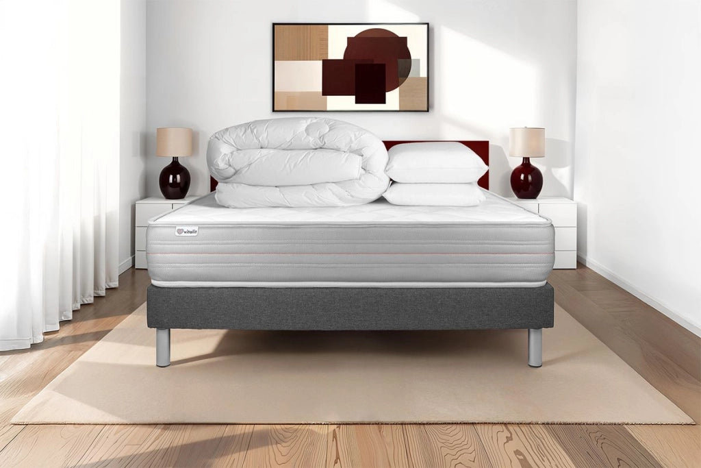 Pacchetto letto completo - Materasso 140x190cm + Box spring con doghe (kit) + 2 cuscini + Piumino - Vitalmemo