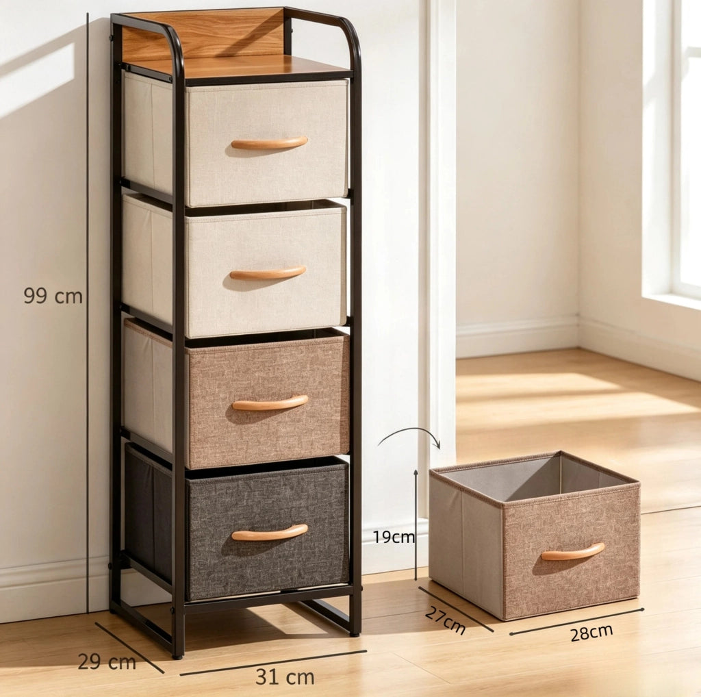 Cassettiera stretta 31x29x99 cm in MDF e acciaio beige, 4 cassetti –