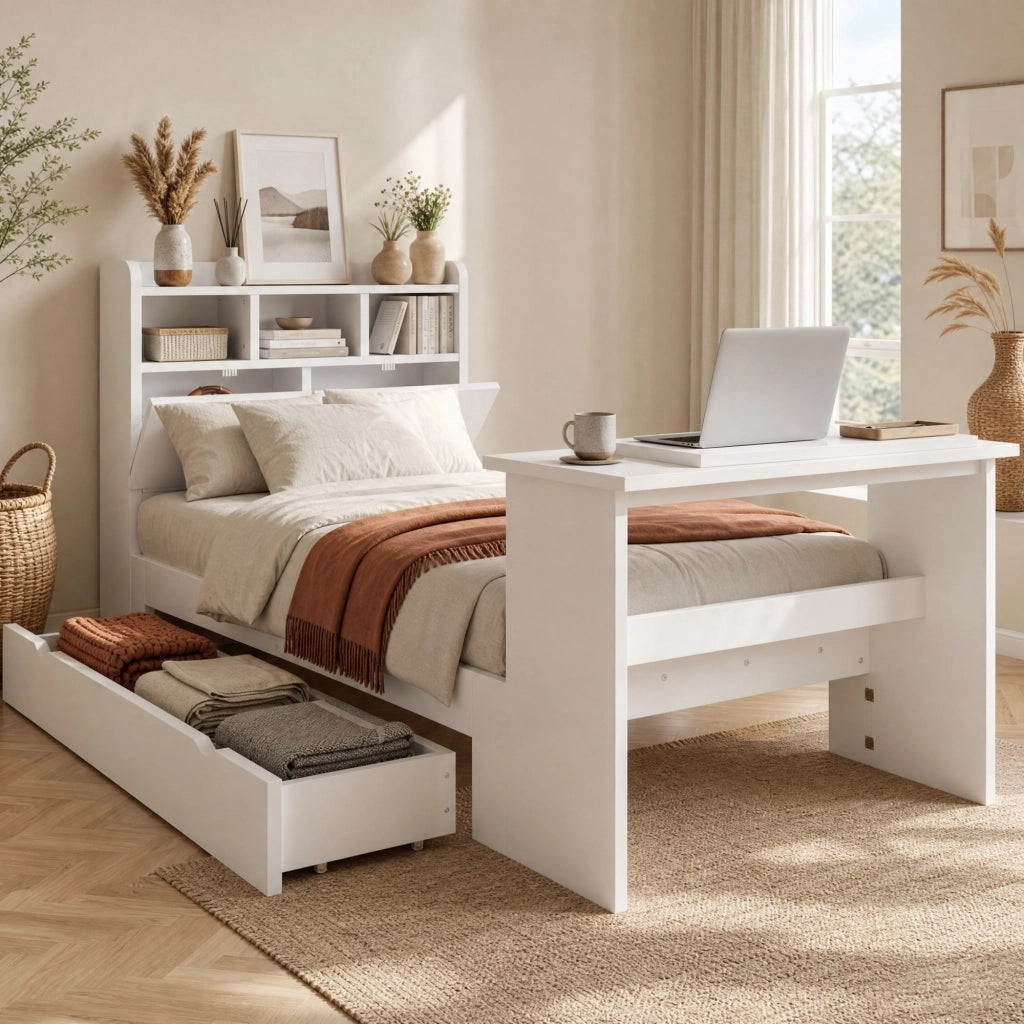 Letto con Cassetti 90x200 cm; Letto Singolo - Tavolo Pieghevole e Mensole - Bianco