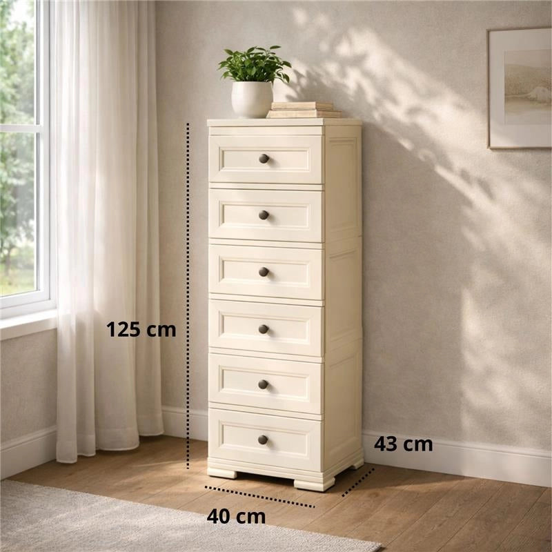 CASSETTIERA ALTA 6 CASSETTI PICCOLI ANGORA 40X43X125 CM – MOBILE VERTICALE EFFETTO BUGNATO PER CAMERA, INGRESSO E ZONA LIVING