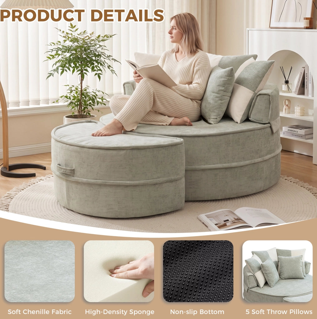 Poltrona lounge rotonda ULEVR 121 cm con ottomana e 5 cuscini, in ciniglia verde menta, senza montaggio