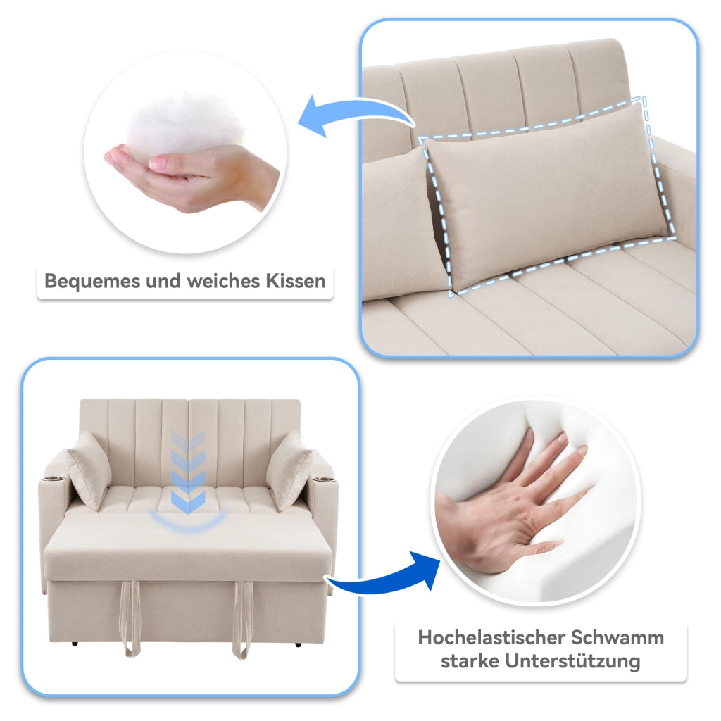 OKWISH Divano Letto 2 Posti, Schienale Regolabile con Portabicchieri e Tasche Laterali, Lino Cotone, Beige