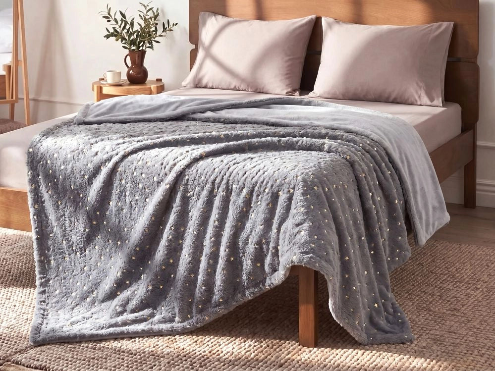 Coperta in poliestere grigio 150 x 200 cm copriletto plaid stelle dorato modello soggiorno camera da letto