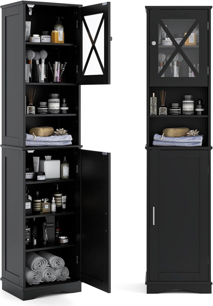 Mobile Bagno 40 x 30 x 170,5cm, Armadietto a Colonna Stretto e Alto con 5 Ripiani Regolabili e 2 Porte, Armadio da Terra in Legno per Soggiorno, Camera da Letto, Salotto e Cucina (Nero)