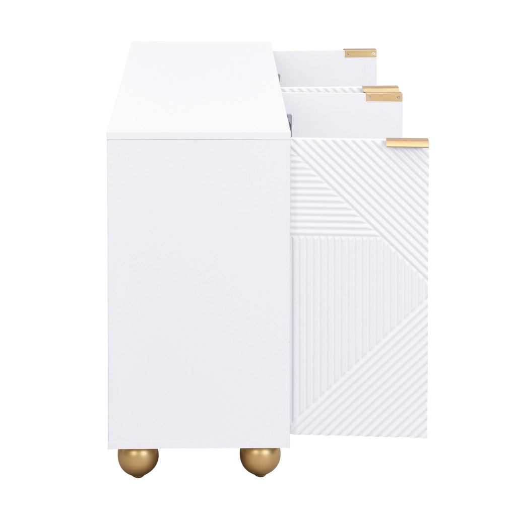 Sideboard 120x35x71.5 cm con 4 ante; ripiani regolabili e dettagli dorati; MDF bianco